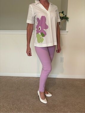 Alfani White Floral Blouse & Lilac Pants Set XS–S Elegant Chic Outfit